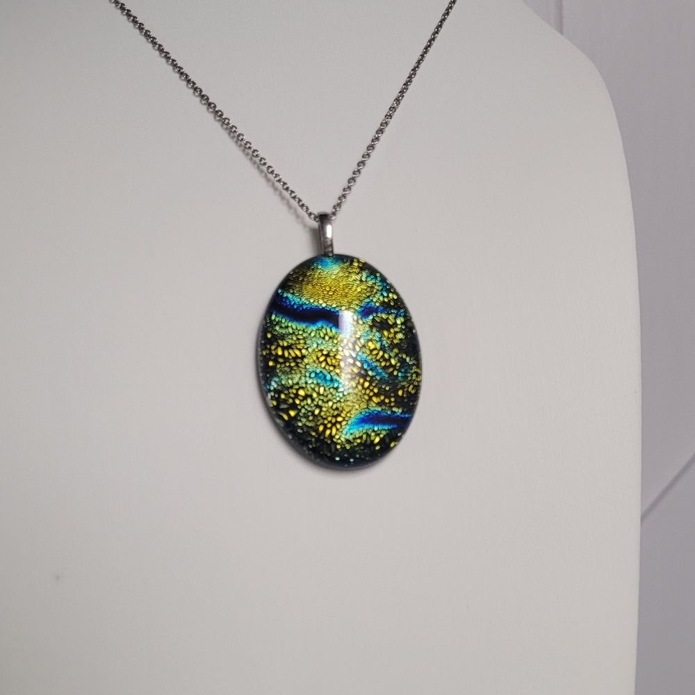 Vibrant Yellow Green and Blue Dichoric Glass Pendant Necklace